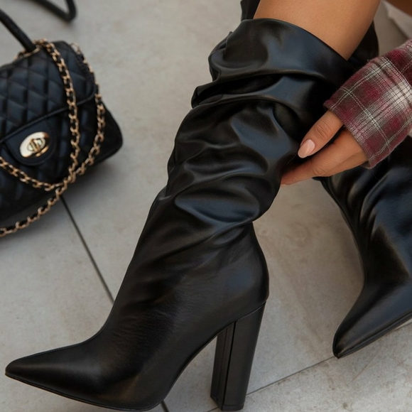 Hazel Slouched Chunky Heels Boots - Nude & Mocha - Picture 2 of 6